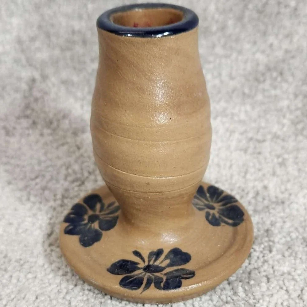 Pottery‎ Candlestick Holder Tan Blue Floral Salt Glaze Primitive